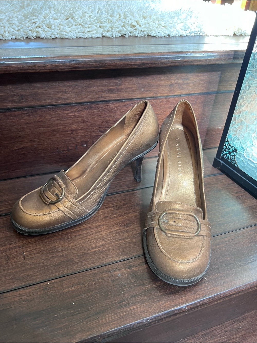 Gianni Bini Metallic Bronze Buckle Pump Heels